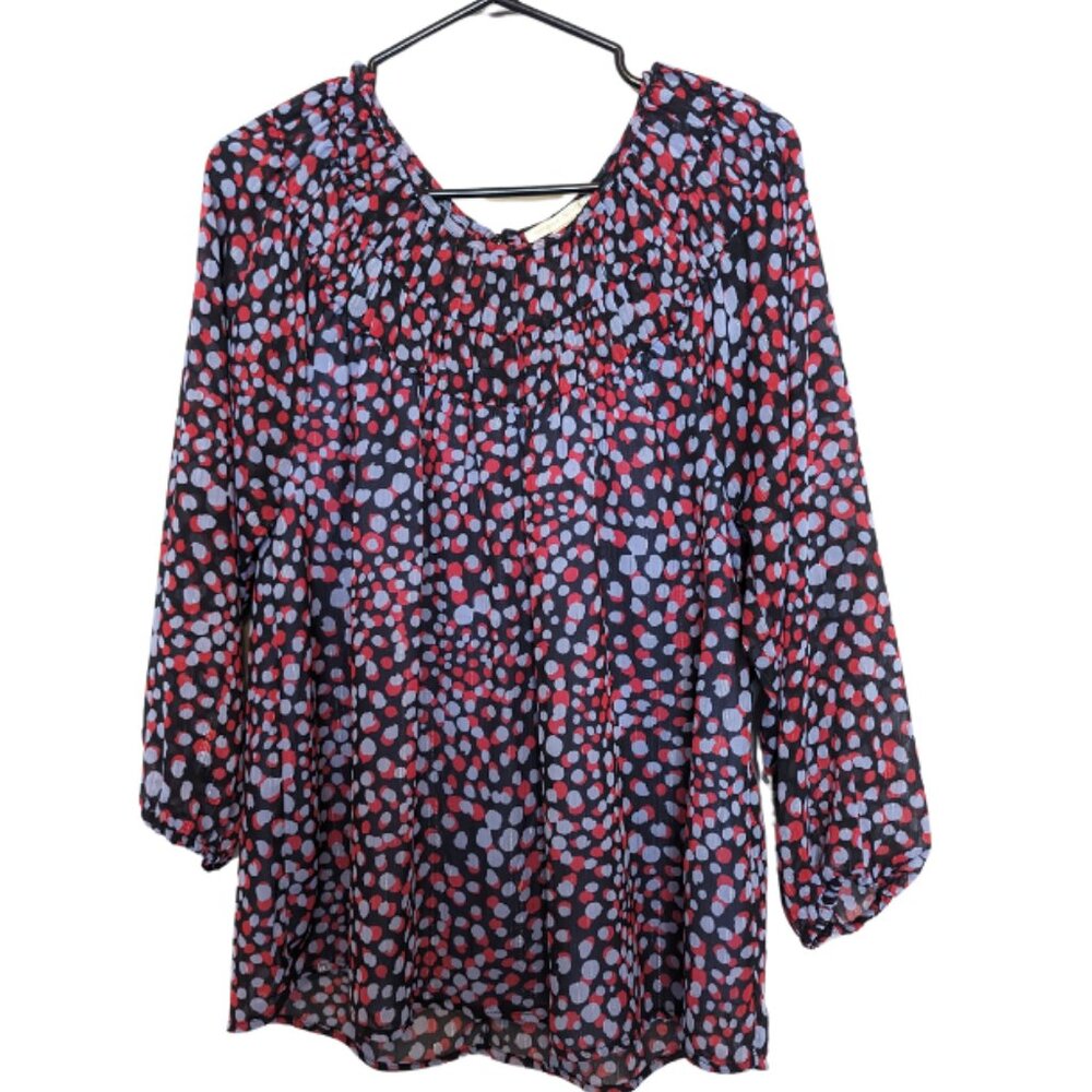 Cooper & Ella flowy lined blouse. Size L Black with red & grey bubbles.